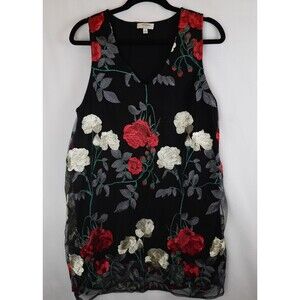 Umgee Sleeveless Dress Large Floral Embroidered Sheer Overlay Black Red White